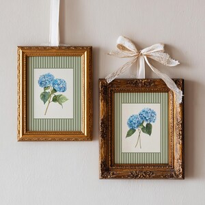 Hydrangea Striped Floral Print French Country Decor Cottagecore Painting Classic Wall Art Flower Set of 2 Wall Print Living Room Decor Green