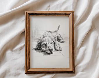 Sztuka z jamnikiem, wydruk do sypialni, dekoracja ścienna, portret śpiącego psa, szkic, wydruk właściciela zwierzaka, pamiątka, czarno-biały rysunek