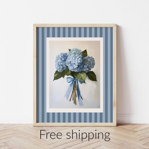 Striped Blue Hydrangea Flower Print Wall Art Living Room Vintage Style Art Apartment Decor Gift Idea For Women Artwork Cottagecore Coquette