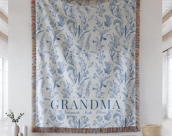 Custom Grandma Blanket Blue Flower Gift Idea Granny Blanket Floral Nana Birthday Personalized Grandma Gift With Name Throw Bedspread Woven