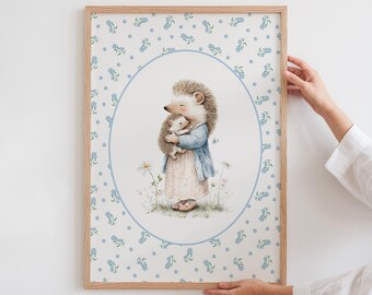 Wydruk artystyczny z jeżem w stylu vintage, sztuka z bajki, pokój dziecięcy, dekoracje leśne, zwierzęta, wydruk akwarelowy Cottagecore, nadruk dla mamy i dziecka