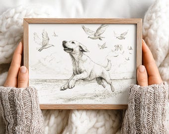 Rysunek ścienny psa labradora, czarno-biały, minimalistyczny wystrój ścienny, wydruk artystyczny w stylu nadmorskim, prezent na pamiątkę utraty psa, prezent dla mamy psa, wystrój domu na plaży