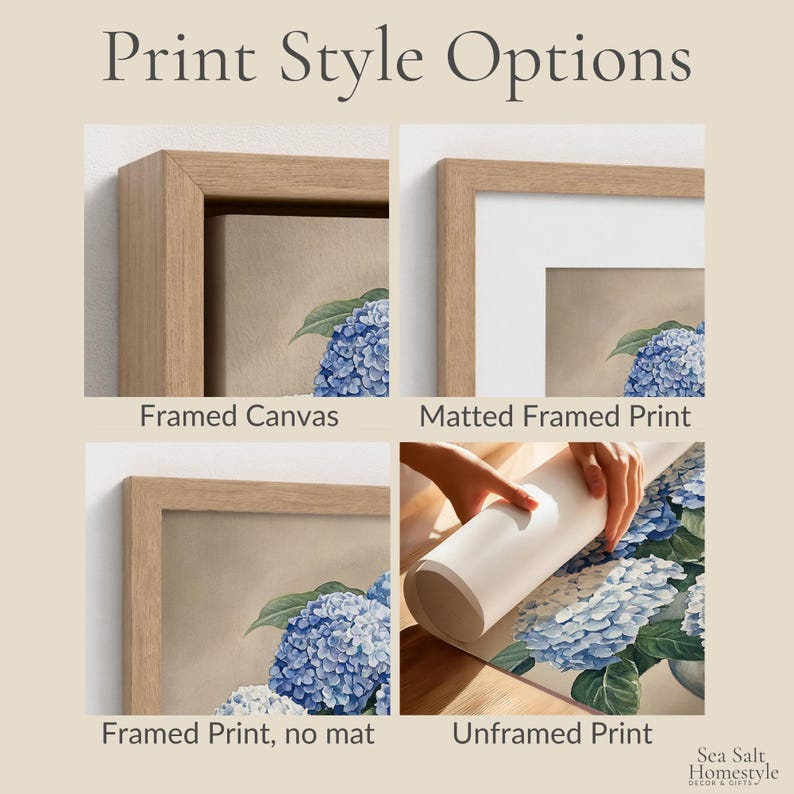 May include: Image showcasing print style options: Framed Canvas, Matted Framed Print, Framed Print (no mat), and Unframed Print. Each option features a watercolor painting of blue hydrangeas. The text "Print Style Options" is at the top.