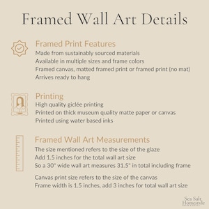 May include: A beige graphic with the title "Framed Wall Art Details" and information about framed print features, printing, and measurements. The text describes sustainably sourced materials, gicl&eacute;e printing, and the addition of 1.5 inches to the wall art size.