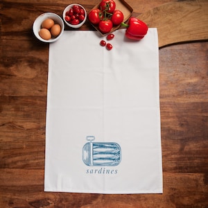 Sardine Tea Towel Gift Kitchen Towel Coastal Blue White Decor Kitchen Gift Fish Print Cotton Hand Towel Anniversary Gift For Cook Minimalist