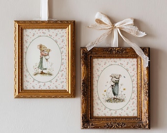 Zestaw 2 grafik ściennych do pokoju dziecięcego Cottagecore Nursery Mouse Art Forest Animal Decor, zestaw ścienny do pokoju dziecięcego w stylu vintage z motywem leśnych kwiatów