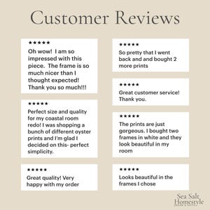 May include: Image featuring customer reviews for home decor products. Text includes positive feedback about the quality, size, and appearance of the items. The reviews mention frames, prints, and customer service.