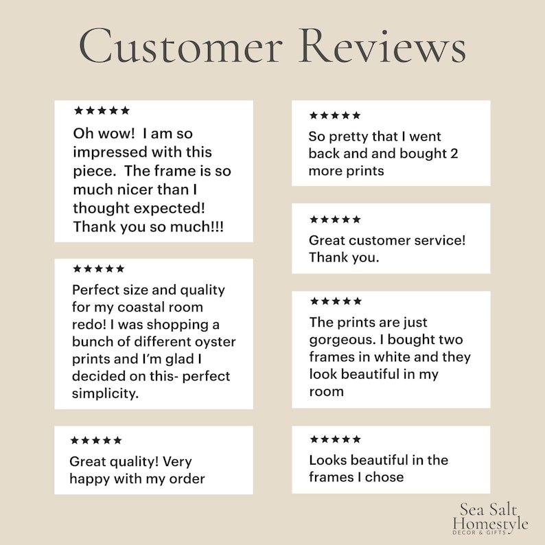 May include: Image featuring customer reviews for home decor products. Text includes positive feedback about the quality, size, and appearance of the items. The reviews mention frames, prints, and customer service.