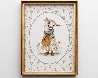 Plakat z nadrukiem owiec, dekoracja ścienna w stylu vintage, dekoracja pokoju dziewczynki, plakat z motywem wiejskiego domu, ilustracja cyfrowa do pokoju dziecięcego