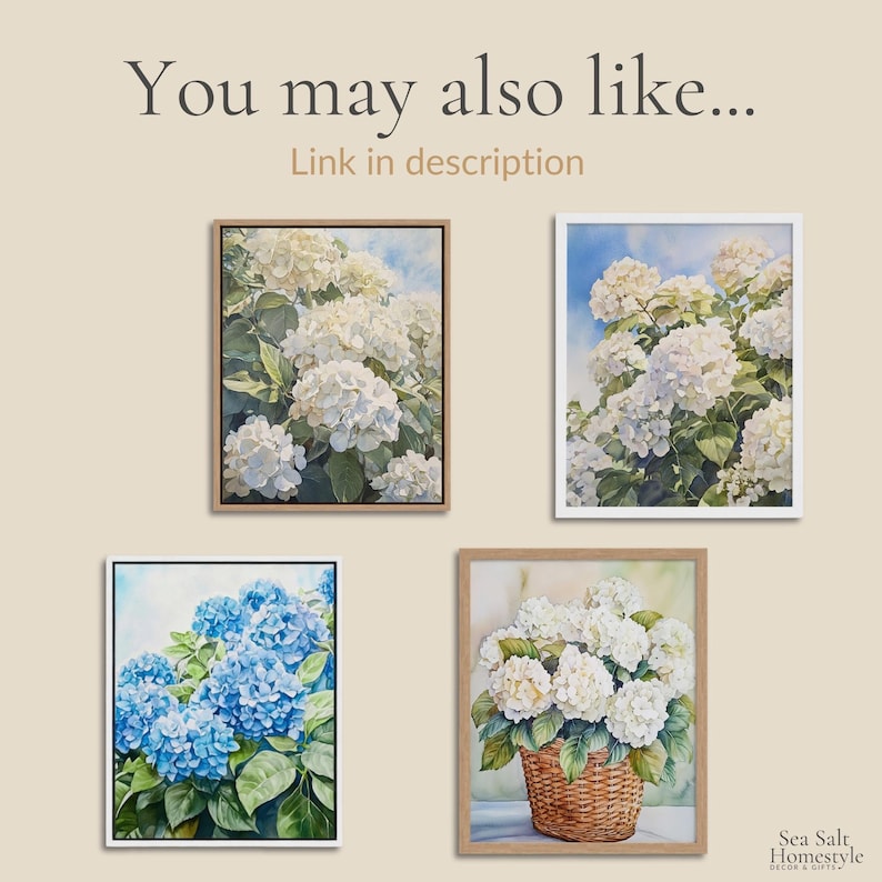 May include: Four framed floral art prints featuring watercolor paintings of hydrangeas in various arrangements. The prints showcase white and blue hydrangea blooms with green foliage, set against a light background. Text reads "You may also like... Link in description".