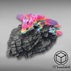 Moon dragon with wings in egg, baby dragon, movable flexi flexible 3D printed dragon, Andarna hand painted