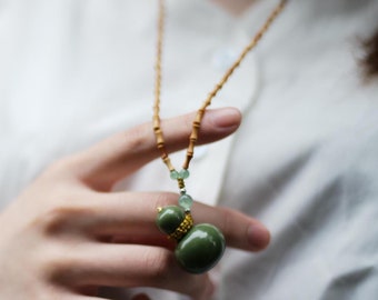 Handmade Porcelain Necklace-Blessing Gourd-Premium Ceramic Jewelry-Chinese Feng Shui Spiritual Dainty Charm Necklace-Birthday Gifts for Her