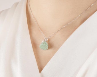 Handmade Porcelain Charm Necklace-Lotus Pod-Ceramic Jewelry-Pottery Jewelry-Feng Shui Inspired Dainty Pendant Necklace-Birthday Gift for Her