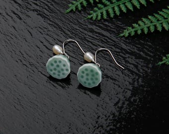 Handmade Porcelain Earrings-Lotus Pod-Ceramic Jewelry-Dainty Jewelry-Chinoiserie Inspired-Feng Shui-Birthday Anniversary Gifts for Her