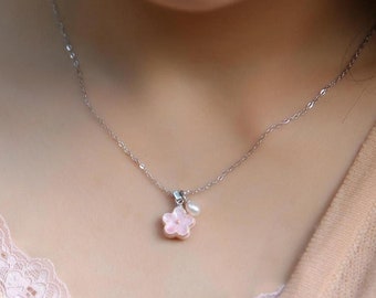 Handmade Porcelain Charm Necklace-Peach Blossom-Ceramic Jewelry-Pottery Jewelry-Chinese Feng Shui Dainty Necklace-Birthday Gifts for Her