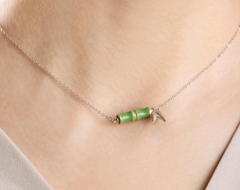 Handmade Porcelain Charm Necklace-Emerald Bamboo-Premium Ceramic Jewelry-Chinese Feng Shui Spiritual Dainty Necklace-Birthday Gifts for Her