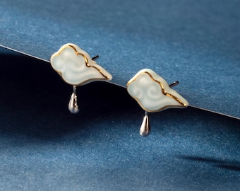 Handmade Porcelain Earrings-Clouds and Moon-Premium Ceramic Chinese Feng Shui Culture Dainty Jewelry-Birthday Anniversary Gifts for Her