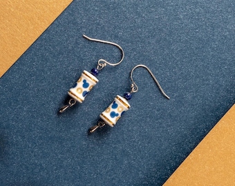 Handcrafted Porcelain Earrings-Blue White Luck Cylinder-Oriental Feng Shui Art Ceramic Dainty Jewelry-Birthday Anniversary Gifts for Her