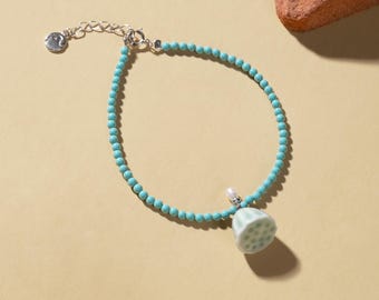 Handmade Porcelain Bracelet-Lotus Pod-Ceramic Jewelry-Dainty Jewelry-Chinoiserie Inspired-Feng Shui-Birthday Anniversary Gifts for Her