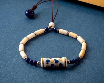 Handcrafted Porcelain Bracelet-Blue White Luck Cylinder-Oriental Feng Shui Art Ceramic Dainty Jewelry-Birthday Anniversary Gifts for Her