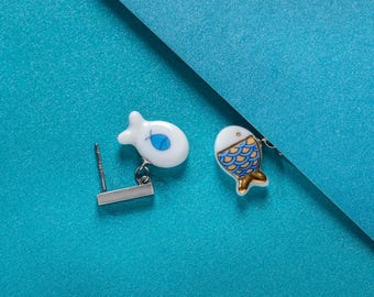 Handmade Porcelain Earrings-Jumping Fish-Ceramic Jewelry-Dainty Jewelry-Oriental Feng Shui-Spiritual Birthday Anniversary Gifts for Her