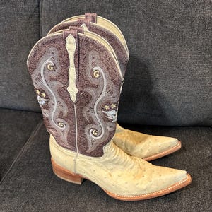 May include: A pair of cowboy boots with a cream-colored, textured leather foot and a dark brown shaft. The shaft features intricate embroidery in cream and silver, with decorative swirls and the letter "G". The boots have a pointed toe and a stacked heel.