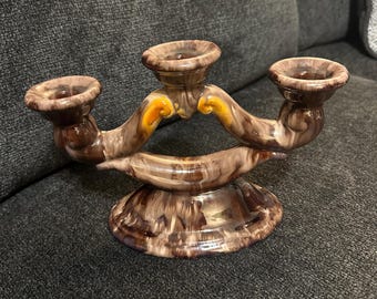 Vintage West German Pottery Triple Candlestick with Flow Glaze Decoration 1950s 1960s Retro