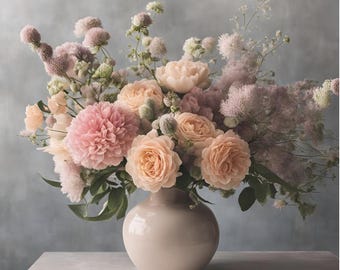 Flores botânicas, cores pastel, arranjo de flores em vaso