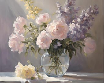 Flores botânicas, cores pastel, arranjo de flores em vaso