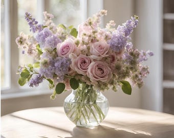 Flores botânicas, cores pastel, arranjo de flores em vaso