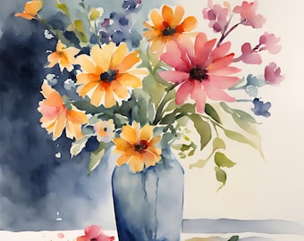 Impressão floral em aquarela, download digital, flores em vaso