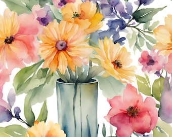 Impressão floral em aquarela, download digital, flores em vaso