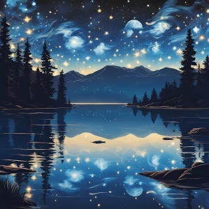 以下が含まれることがあります： 静かな湖に星でいっぱいの夜空が映り込み、背景には山脈と木のシルエットが見える