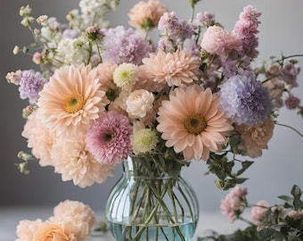 Estampa botânica, Cores pastel, Flores em vaso, Arranjo floral,