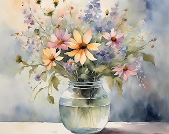 Impressão floral em aquarela, download digital, flores em vaso