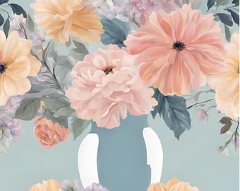 Flores botânicas, cores pastel, arranjo de flores em vaso