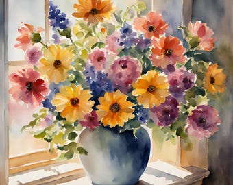 Impressão floral em aquarela, download digital, flores em vaso