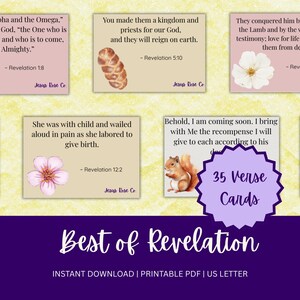 May include: A digital download featuring 35 verse cards from the Book of Revelation. Each card has a Bible verse, floral or animal illustrations, and the text "Jesus Rose Co." The title "Best of Revelation" is displayed.