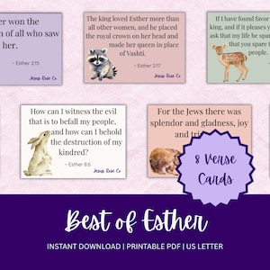 May include: A collection of eight Bible verse cards from the Book of Esther, each with a quote and a watercolor illustration of an animal. The cards are arranged on a purple background with the text "Best of Esther".