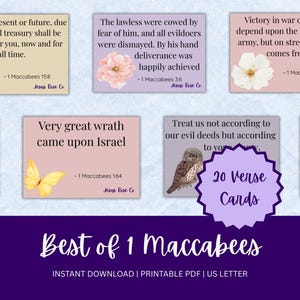 Peut inclure: Ensemble de 20 cartes de verset de 1 Maccabées, chacune avec une citation et des illustrations florales ou animales. Les cartes sont dans des couleurs pastel, avec du texte manuscrit. Le titre "Best of 1 Maccabées" est affiché.