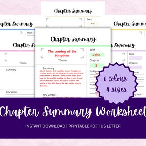 May include: Chapter Summary worksheets in six colors and four sizes. The worksheets include sections for book, chapter, theme, summary, key verses, key figures, and vocabulary. The text "Chapter Summary Worksheet" is displayed.