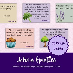 May include: A collection of 26 verse cards from John's Epistles, featuring inspirational quotes and illustrations. The cards have a variety of colors and include floral and nature-themed imagery. The text "John's Epistles" is displayed.