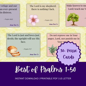 Könnte beinhalten: Eine Sammlung druckbarer Verskarten mit Aquarellillustrationen und Text aus den Psalmen 1-50. Die Karten zeigen Bilder von einem Baum, einer Blume, Brot und Kräutern. Der Titel "Best of Psalms 1-50" ist in einem lila Banner dargestellt.