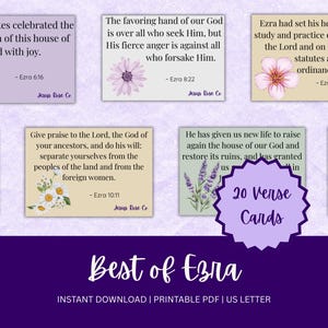 May include: A digital download featuring 20 verse cards from the book of Ezra, with floral illustrations. The cards have text from Ezra, with a purple background and the words "Best of Ezra".
