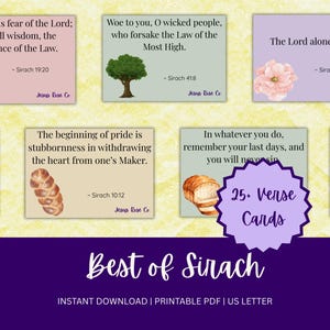 May include: A collection of Bible verse cards with floral and food illustrations. Each card features a quote from the Book of Sirach. The cards are in various pastel colors, with the text "Best of Sirach" at the bottom.