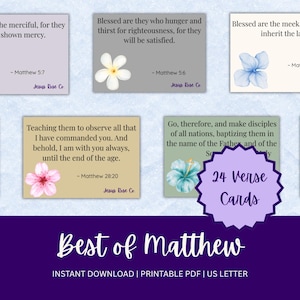 May include: A collection of rectangular verse cards featuring biblical text from the Book of Matthew, each decorated with watercolor floral illustrations. The cards include phrases like Blessed are the merciful and Matthew 5:7, with a purple badge stating 24 Verse Cards and Best of Matthew.