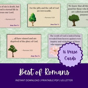 May include: A collection of 16 verse cards from Romans, featuring watercolor illustrations of trees and flowers. Each card displays a Bible verse and reference. The words "Best of Romans" are also visible.