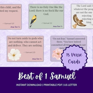 May include: A collection of 15 verse cards from 1 Samuel, featuring watercolor illustrations of birds and flowers. Each card displays a Bible verse and reference. The cards are available as an instant download.