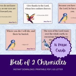 May include: A collection of 16 verse cards featuring watercolor illustrations of birds and a butterfly. Each card displays a Bible verse from 2 Chronicles and Ruth. The cards are arranged on a purple background with the text "Best of 2 Chronicles".