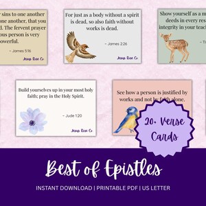 May include: A collection of printable verse cards featuring floral and animal illustrations. Each card displays a Bible verse from the book of James and Titus. The cards are arranged on a dark purple background with the text "Best of Epistles".